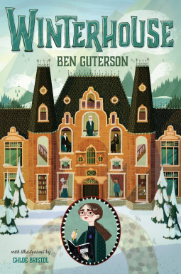 Book cover featuring a large mansion in the snow, with snow-covered trees. There are people looking out some of the windows. In the bottom middle, there is an oval featuring a portrait of Elizabeth. 