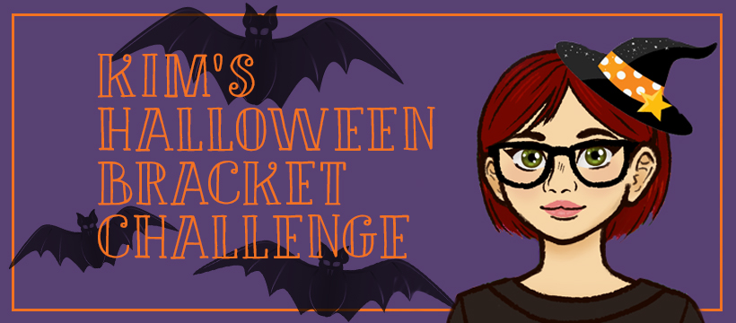Purple background with three black bats and a cartoon image of a red-haired girl wearing a witch's hat. There is orange text that reads Kim's Halloween Bracket Challenge.